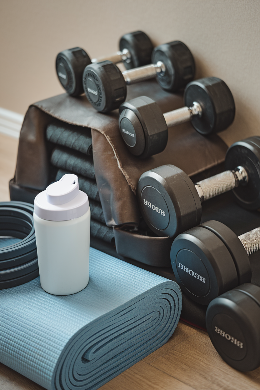 Dumbbells and resistance bands neatly arranged for home workouts.