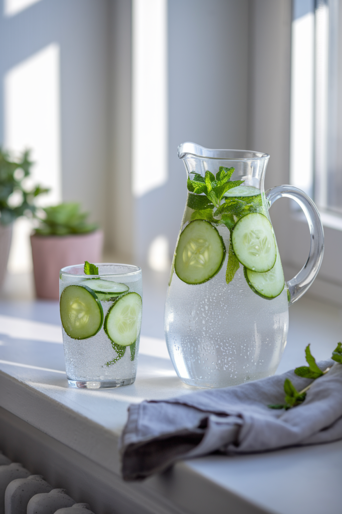 A pitcher of lemon and mint-infused water on a counter, highlighting hydration benefits for women over 40.