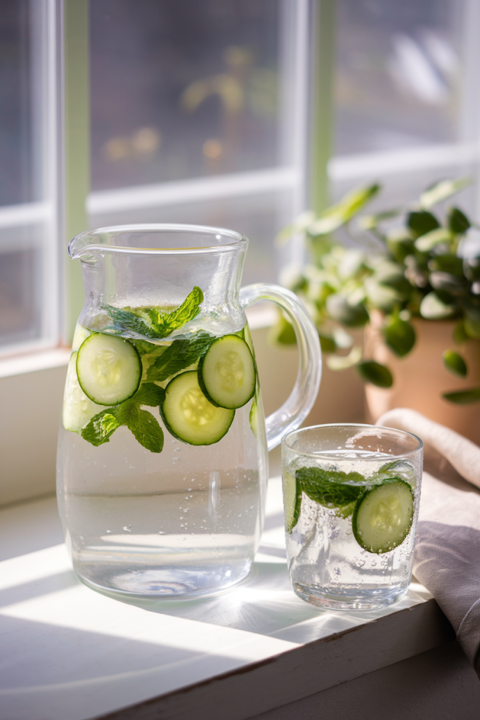 A glass pitcher of cucumber and mint-infused water, symbolizing hydration and wellness for women over 40.