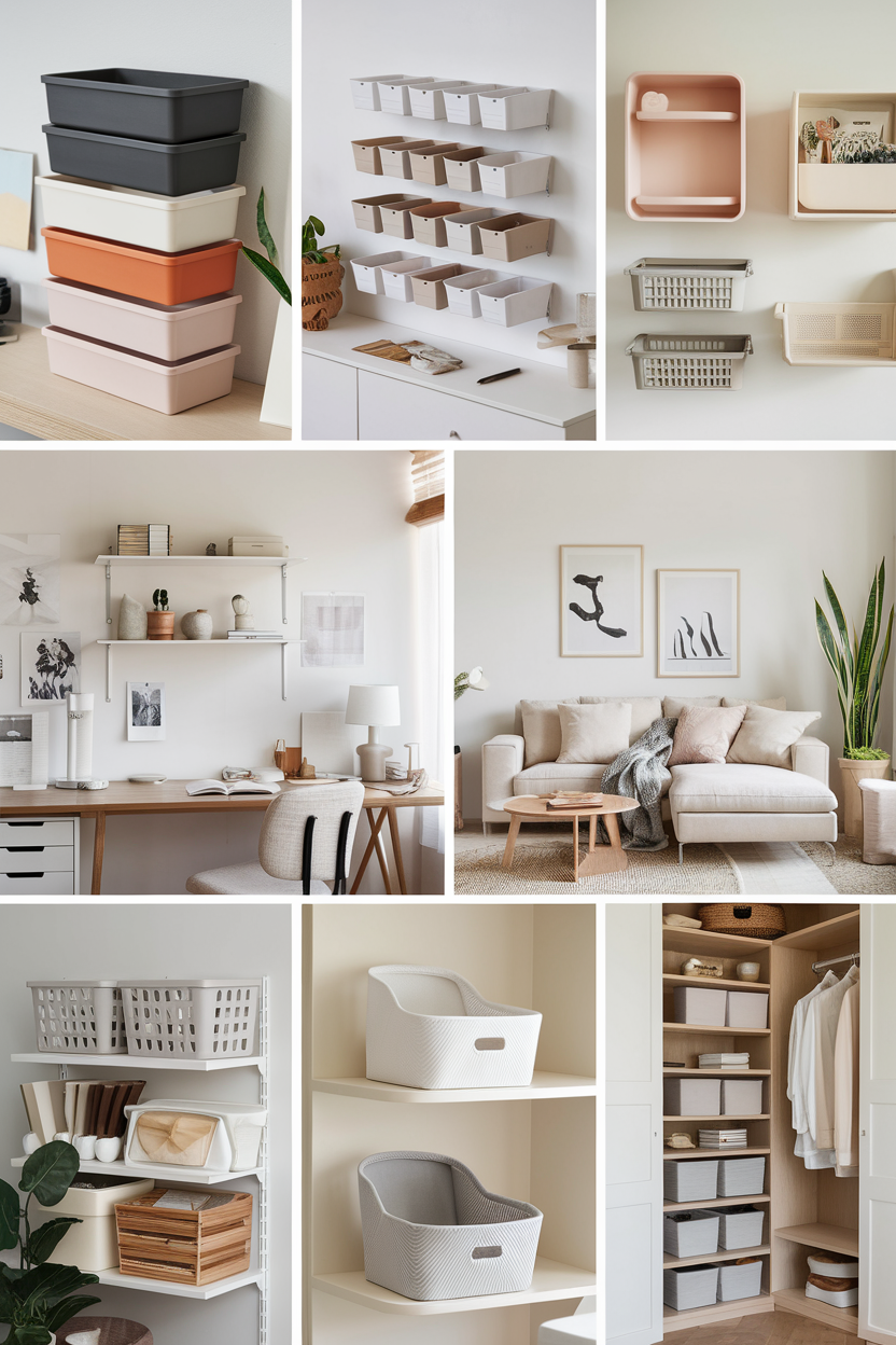 A collage of home organizing products like bins, shelves, and desk organizers displayed in a minimalist home interior, highlighting tidiness and efficiency.