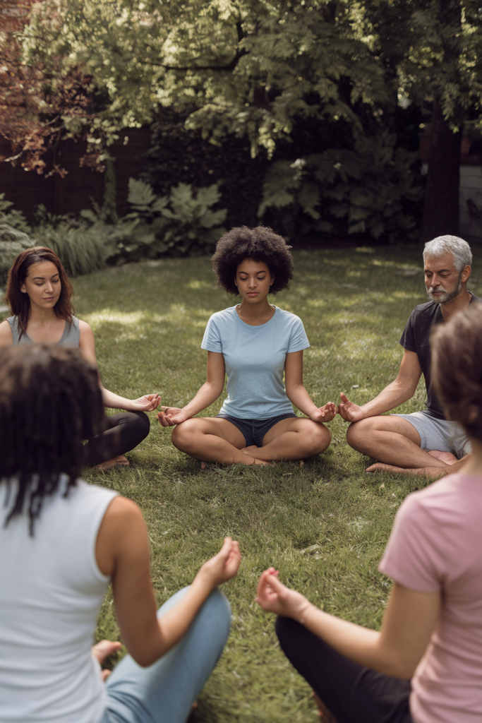 Group of diverse friends meditating together in a backyard