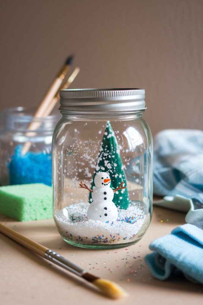 A mason jar snow globe craft featuring a small plastic snowman and glitter, ideal for children to make as a holiday project.