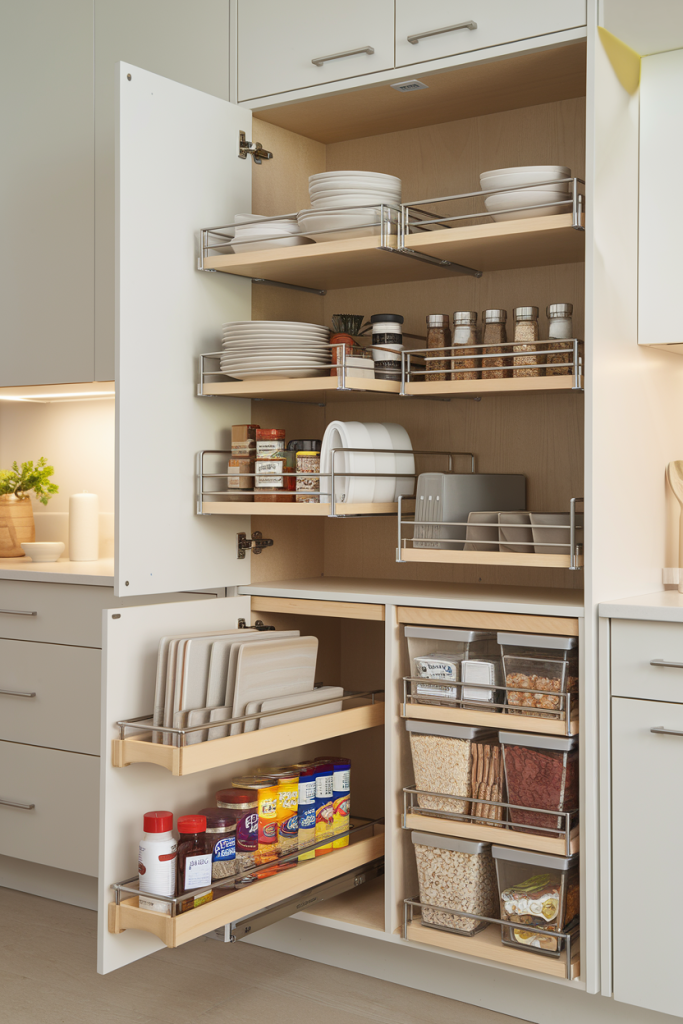 A well-organized kitchen cabinet with pull-out shelves, tiered racks, and clear bins for pantry staples, showcasing stylish and efficient storage.