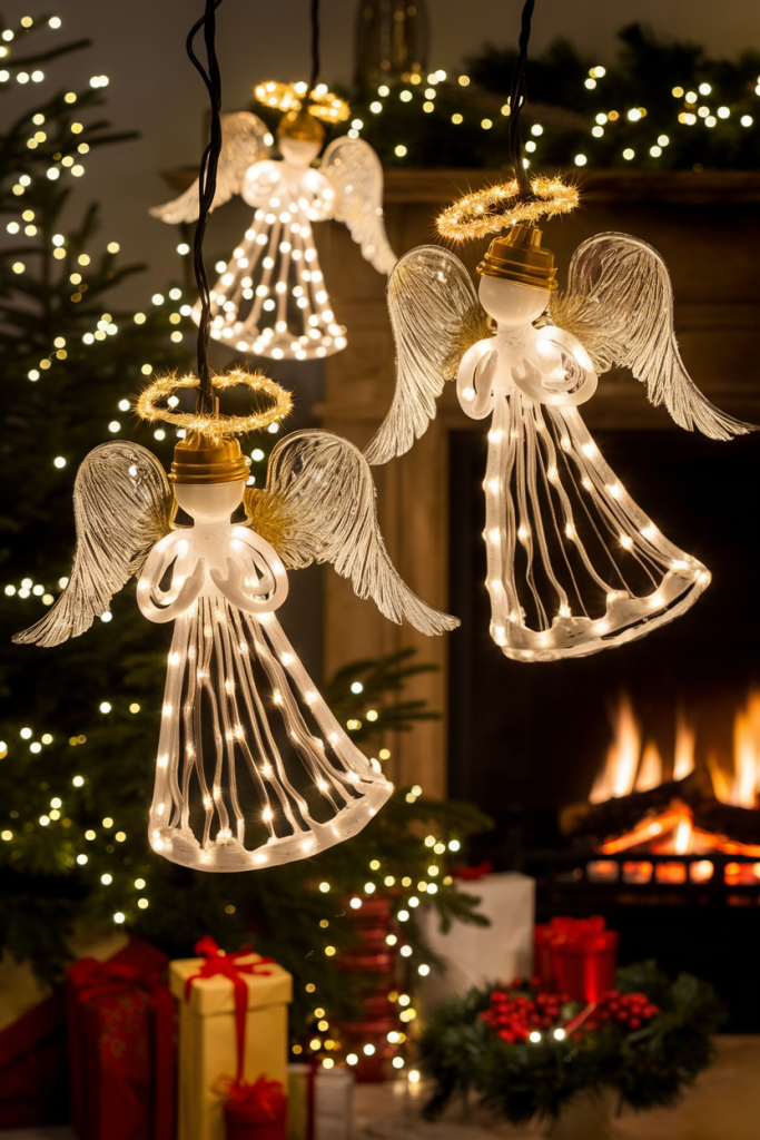 Decoratively painted light bulb angels with robes and halos, adding a whimsical touch to holiday decor.