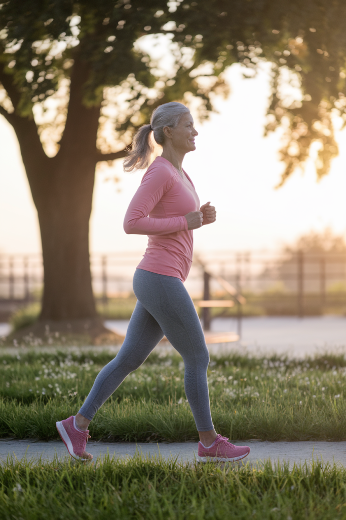  A woman walking briskly in a park at sunrise, depicting a low-impact cardio workout for maximum morning revitalization.