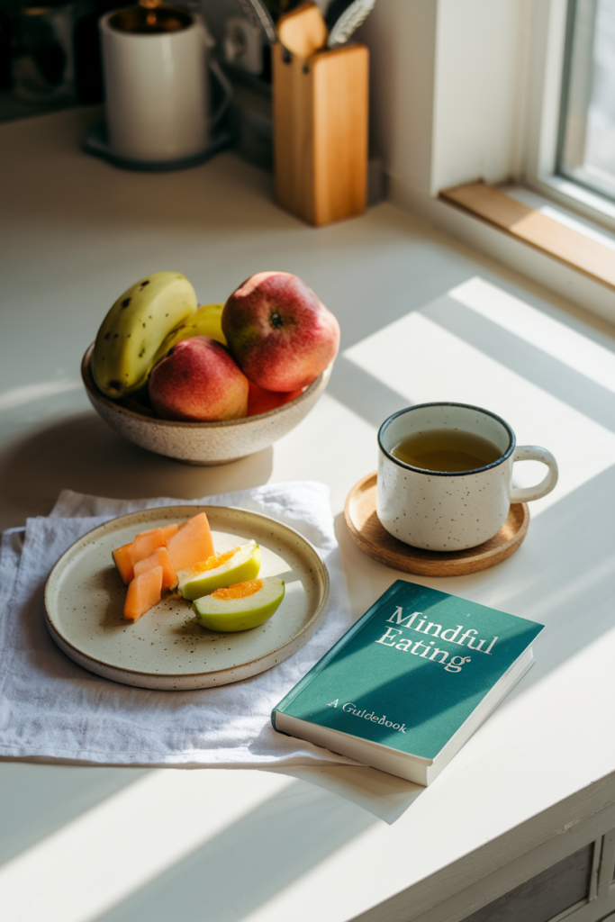 Mindful breakfast with fresh fruits and green tea on a kitchen table.