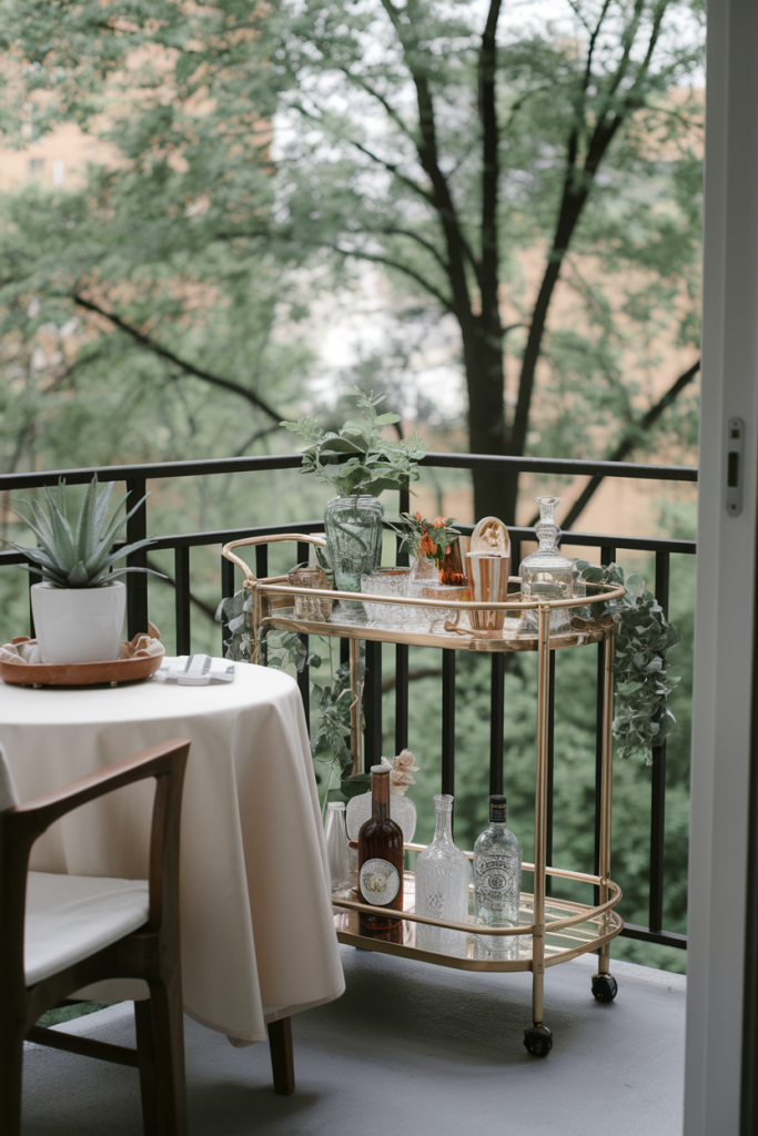  A compact yet chic bar cart or setup, featuring an array of stylish glassware, greenery, and decor items for a sophisticated outdoor drink station.