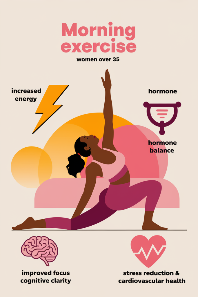 Infographic depicting how morning workouts boost energy, metabolism, and focus for women over 35.