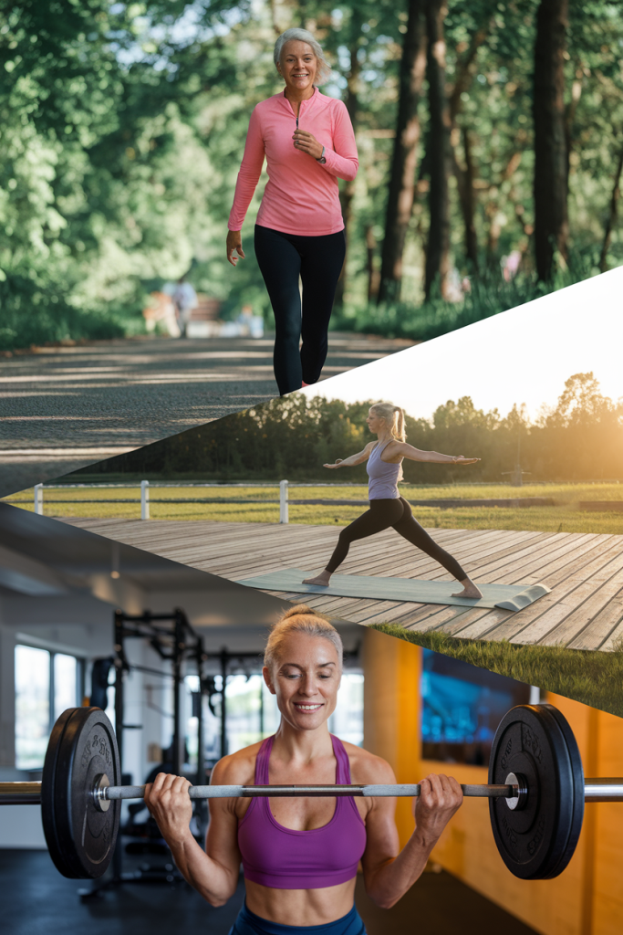 Women over 35 participating in various morning exercises like walking and yoga, highlighting diverse workout benefits.