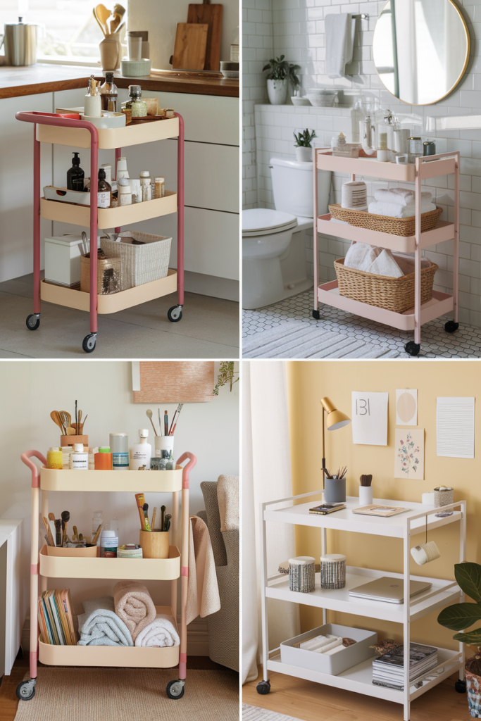 A collage of rolling carts used for storage in the kitchen, bathroom, craft room, and home office, demonstrating versatility and organization.