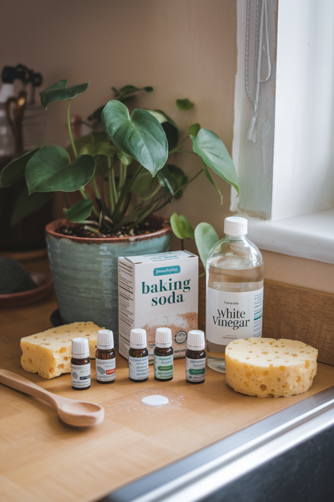 A collection of natural cleaning supplies like baking soda, vinegar, and essential oils on a kitchen counter.