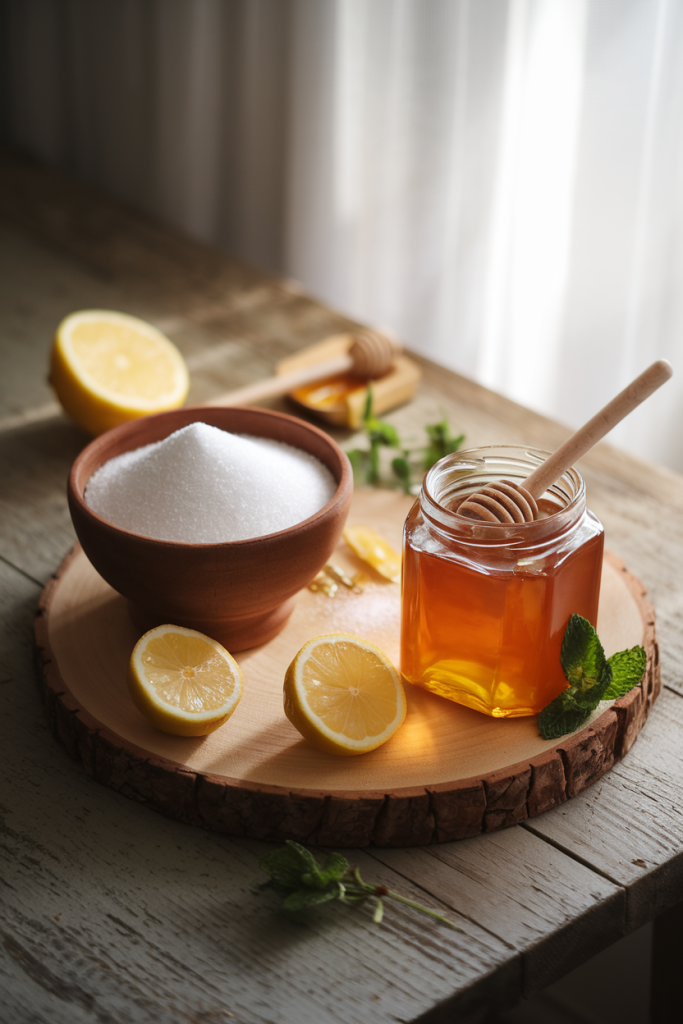 A sugar bowl and a honey jar side-by-side, highlighting the choice between refined sugar and natural alternatives.