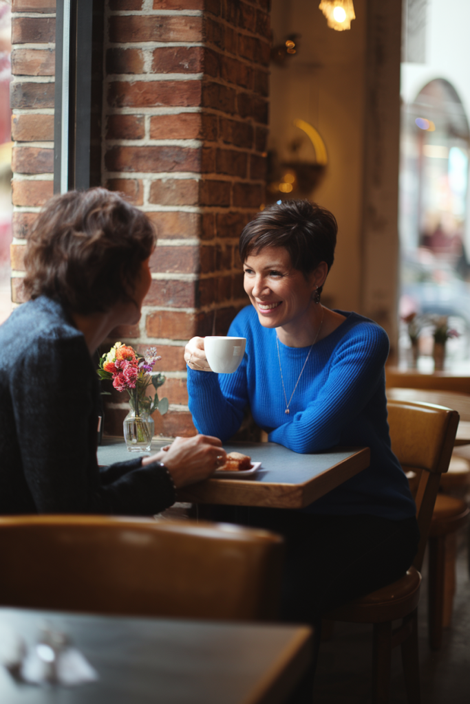 two women over 40 sitting in a cafe nurturing their relationship