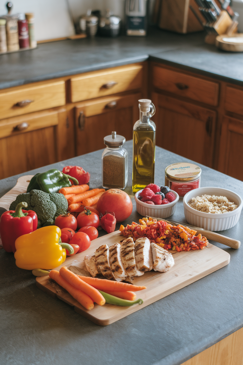 Balanced meal with vegetables and lean proteins for fitness nutrition.