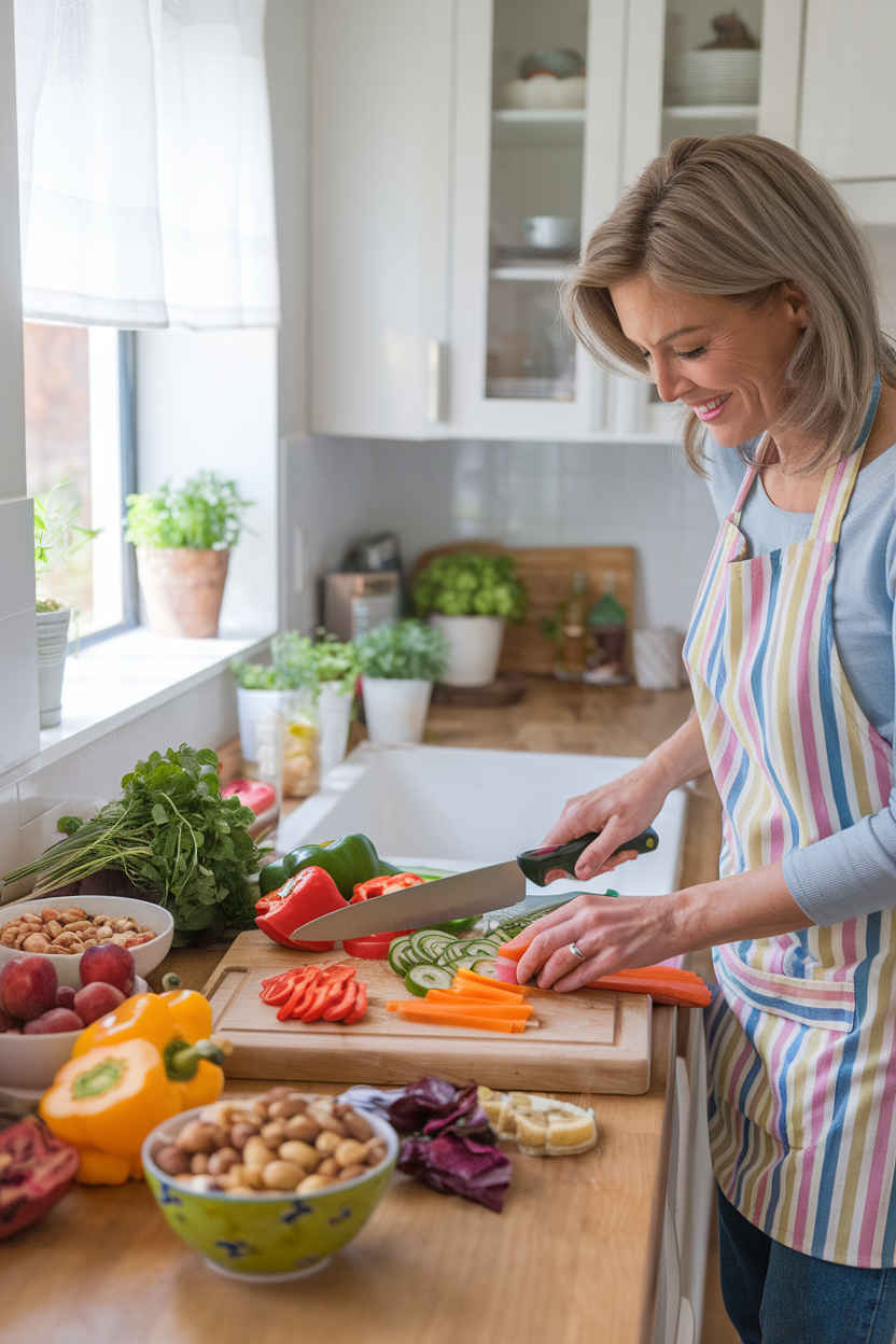 woman over 40 cooking healthy meal as part of her healthy habits