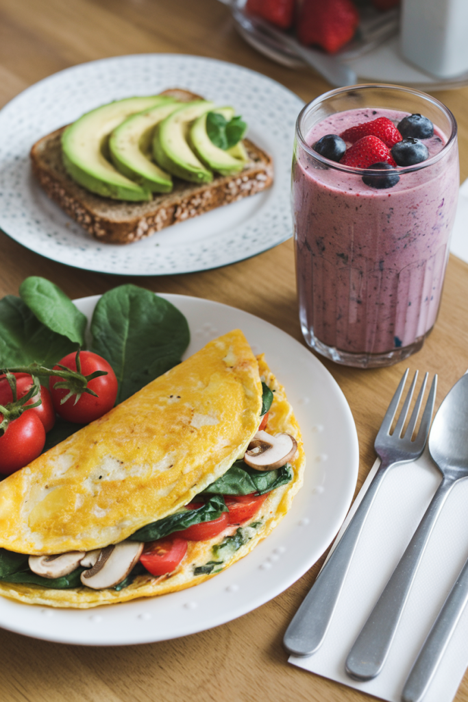 A balanced breakfast with an omelet and smoothie, showcasing nutrition tips for fueling morning workouts.