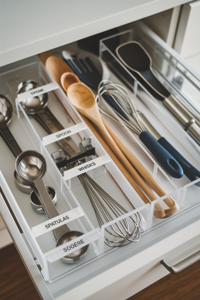  A kitchen drawer with dividers and labeled sections neatly holding various utensils.