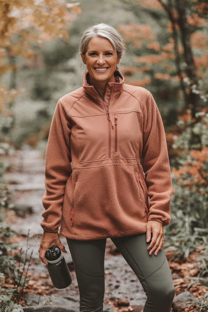 A woman in her 40s wearing a fleece jacket in a scenic outdoor setting, styled with hiking leggings and boots for a practical and stylish look.