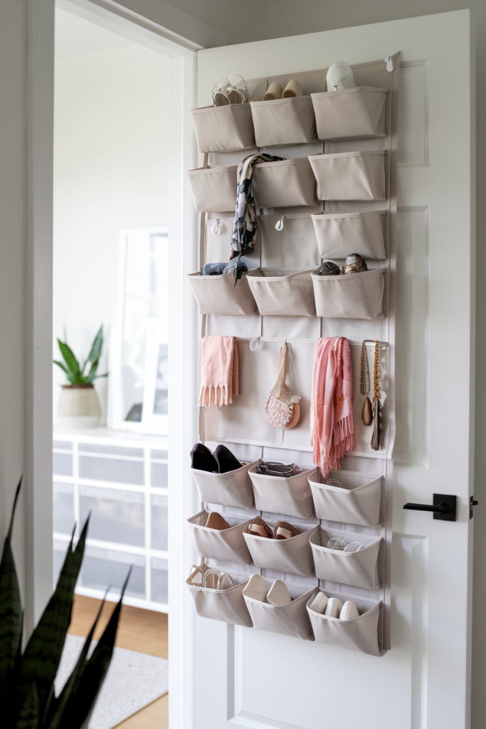 An over-the-door organizer with pockets storing shoes, scarves, and accessories, displayed in a tidy and stylish home setting.