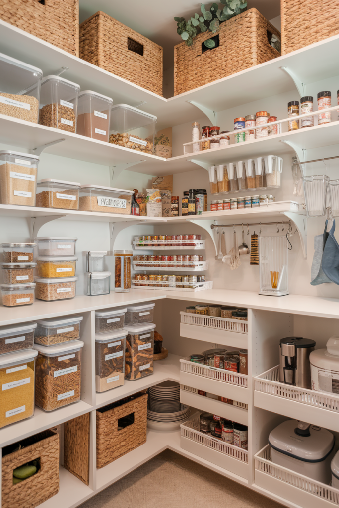 A neatly organized pantry with clear containers, wicker baskets, and tiered shelves, showcasing efficient and stylish storage solutions.