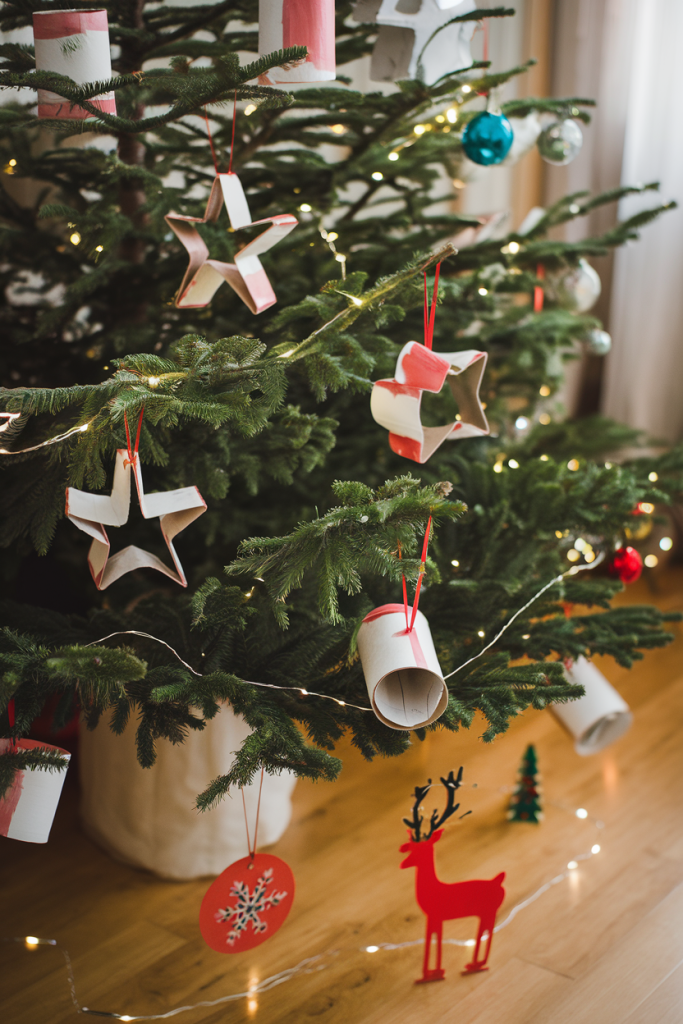 Ornaments crafted from paper rolls in star and circle shapes, painted and hung on a Christmas tree.