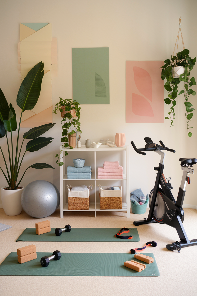 A compact and well-lit home gym space featuring an exercise bench and mats with decorative elements for a personal touch.