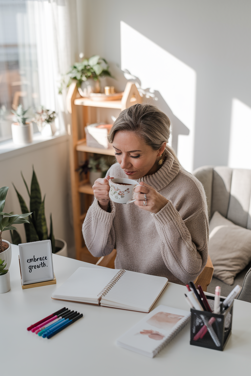 woman over 40 sitting at her desk reflecting on her healthy habits 