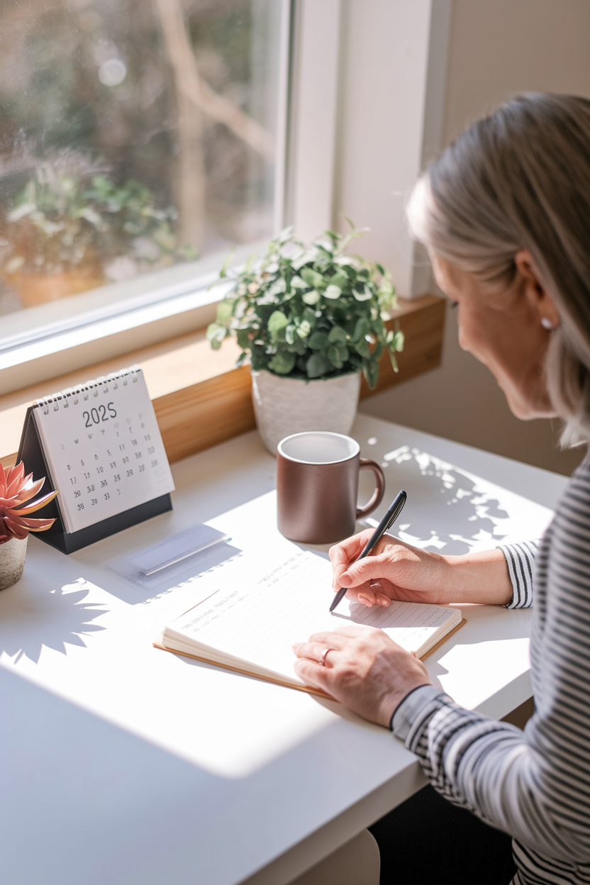 woman over 40 writing personal goals in journal