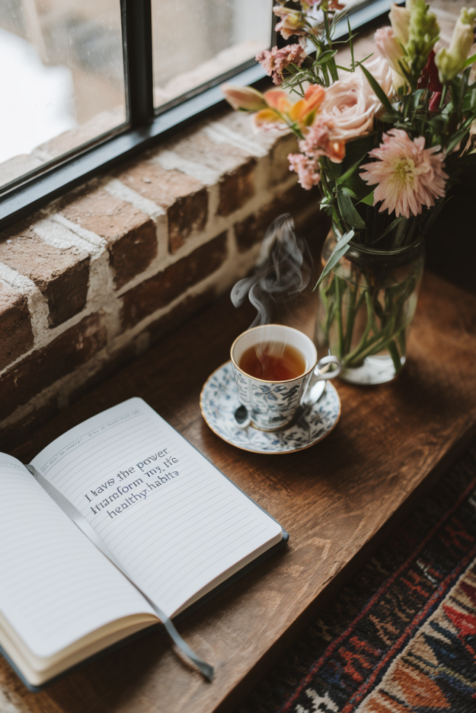 Journal and herbal tea with flowers, stressing positivity and mental well-being during dietary adjustments.