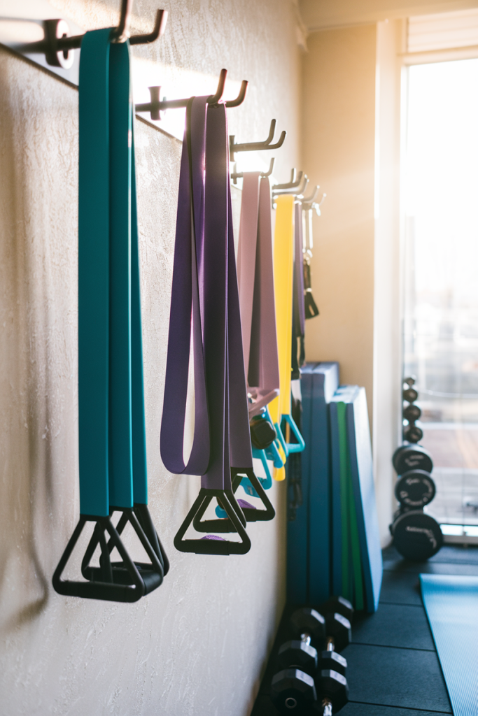 A variety of resistance bands hanging on a gym wall, with gym equipment in the background.