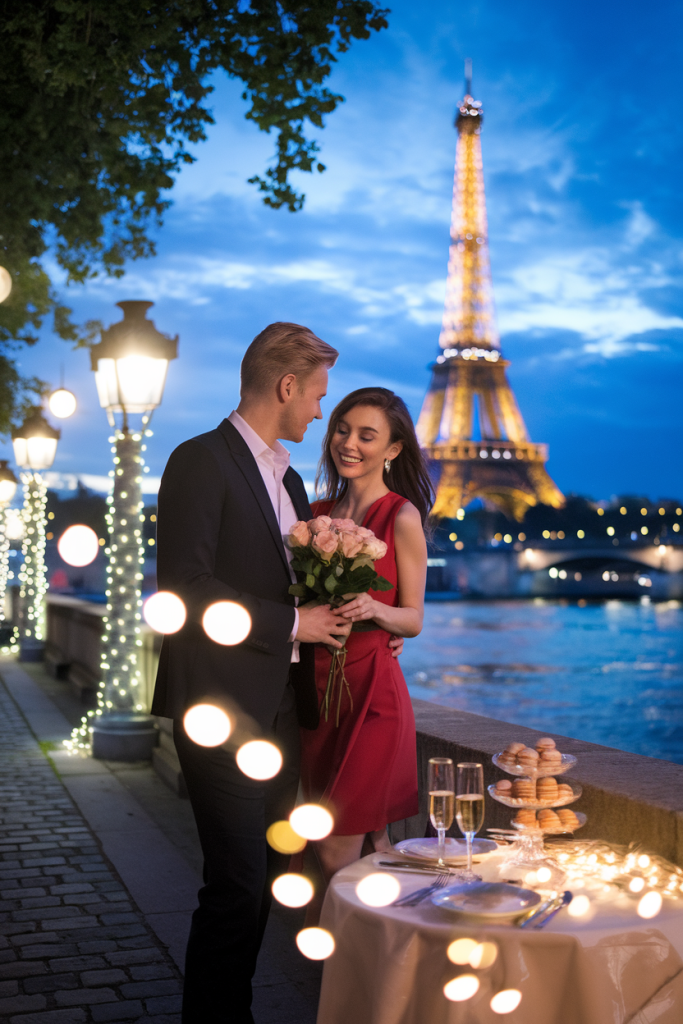 A couple celebrating their anniversary in Paris near the Eiffel Tower, with roses and champagne under a twilight sky.