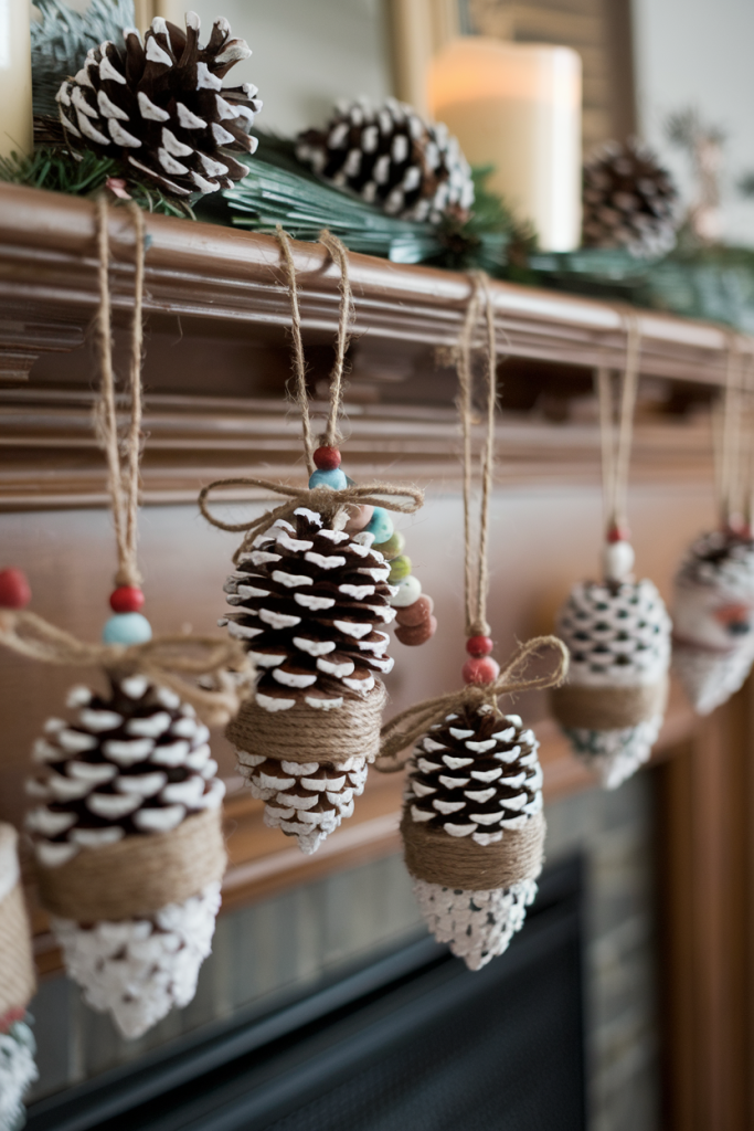 Decorated pine cones with twine and beads hanging from a mantel, adding a rustic charm to the decor.