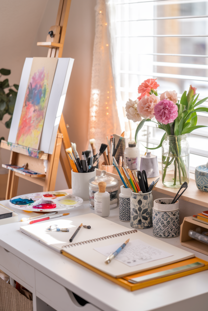 A colorful and organized art workspace with paints, brushes, and a canvas, inspiring creativity as part of a self-care routine