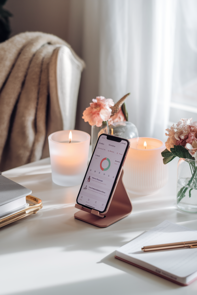 A smartphone displaying a self-care tracking app, surrounded by candles, flowers, and a journal in a serene and inspiring setup