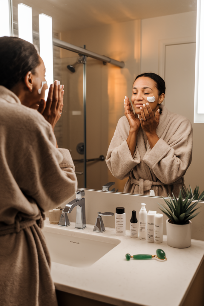 woman over 40 performing morning skincare routine 