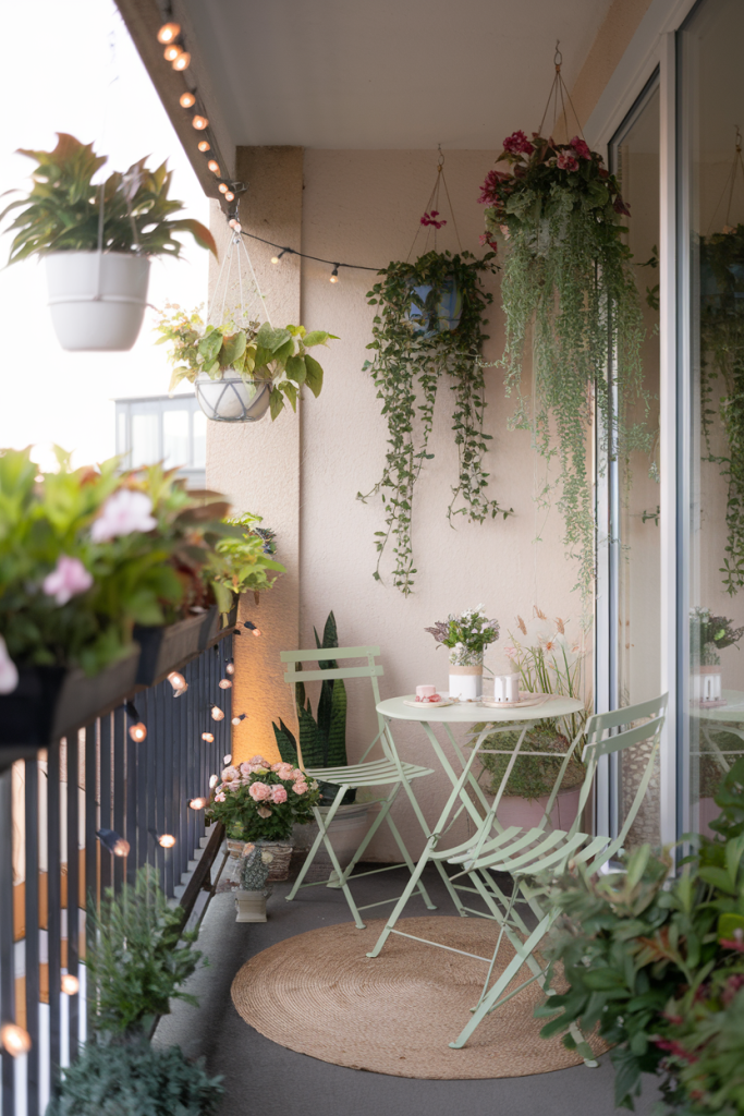 A small balcony with hanging plants, a bistro table, and string lights, creating a cozy and inviting outdoor space