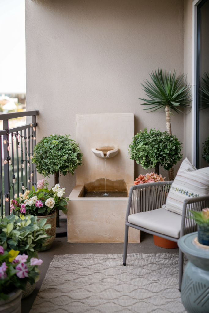 A small balcony with a calming water feature, surrounded by potted plants and cozy seating, creating a tranquil outdoor retreat