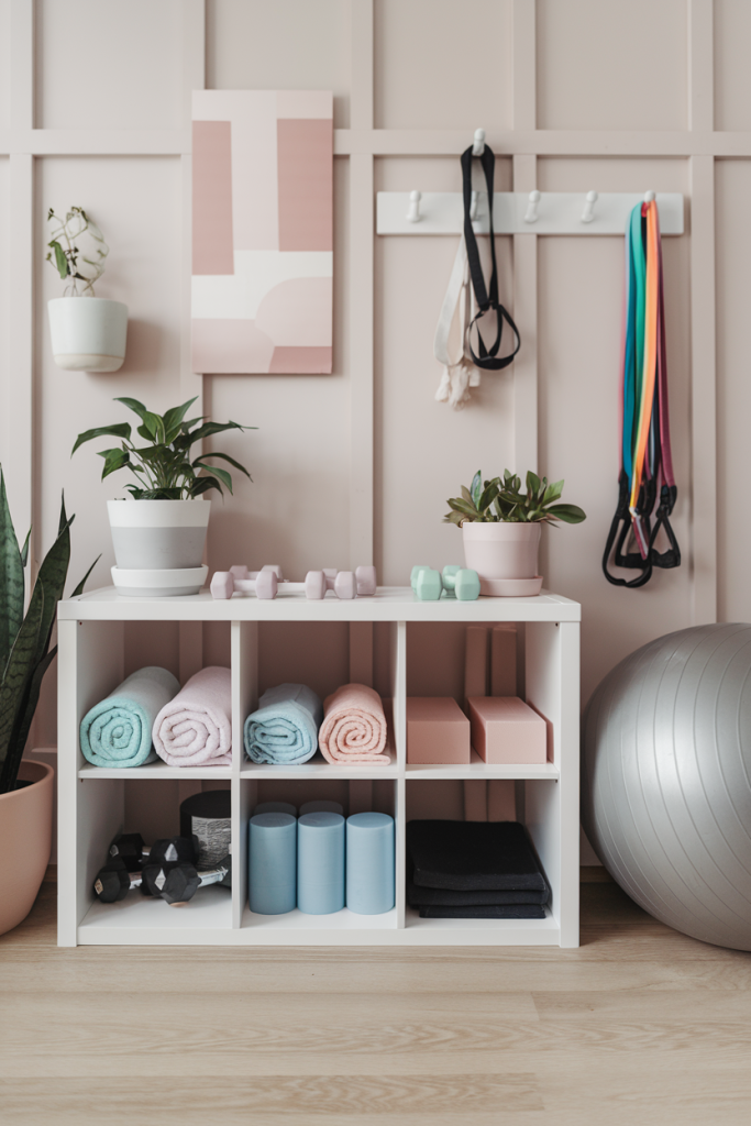 A stylish and functional compact home gym storage solution for women. The setup features a sleek white shelving unit with cubbies holding neatly folded pastel towels, small dumbbells, yoga blocks, and resistance bands. A stability ball rests nearby, while wall hooks hold additional workout accessories. The background includes soft beige and blush tones, minimalistic wall art, and potted plants for a fresh and inviting atmosphere.