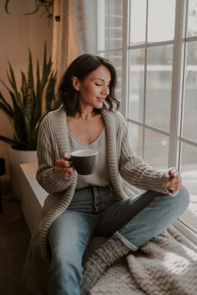 A woman in her 40s wearing a snug cardigan layered over a simple top, relaxing with a cup of coffee in a cozy home setting.