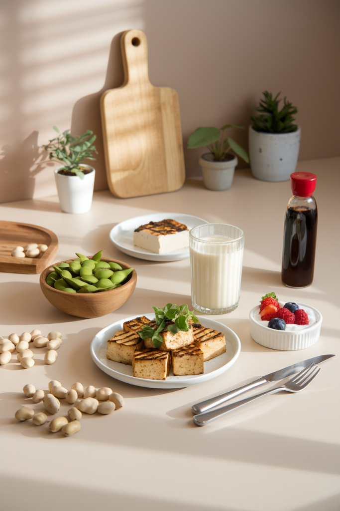 A variety of soy-based foods, including tofu, edamame, soy milk, and soy yogurt, promoting health benefits and balanced eating.