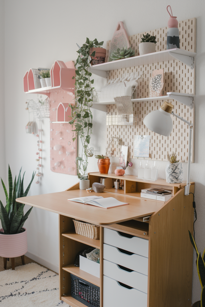  A small, efficient home office setup with a flip-down desk and vertical storage on the wall.