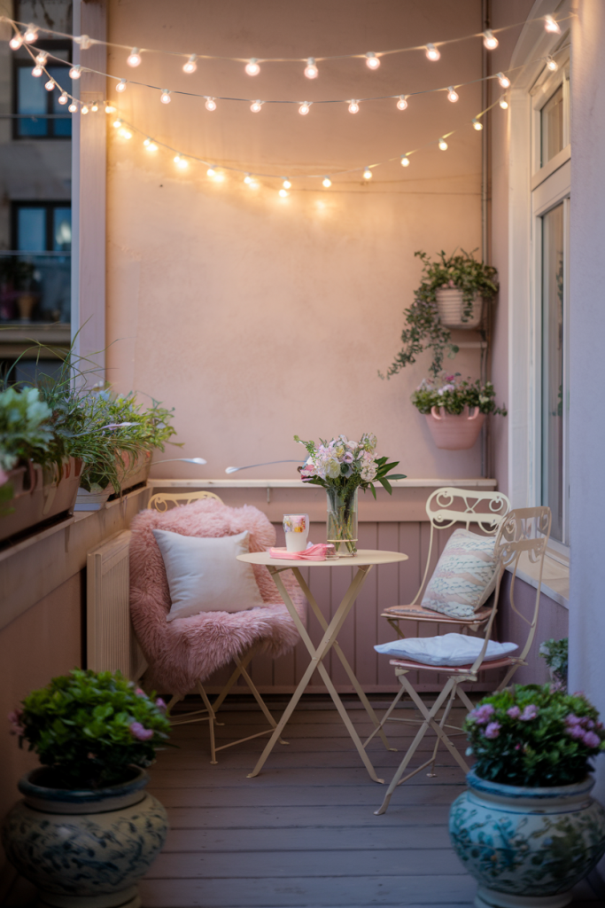 A soft, glowing set of string lights draped gracefully over a balcony, casting a warm, inviting glow that enhances the nighttime scenery