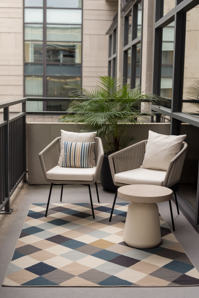 An outdoor rug defining a cozy seating area on a balcony.