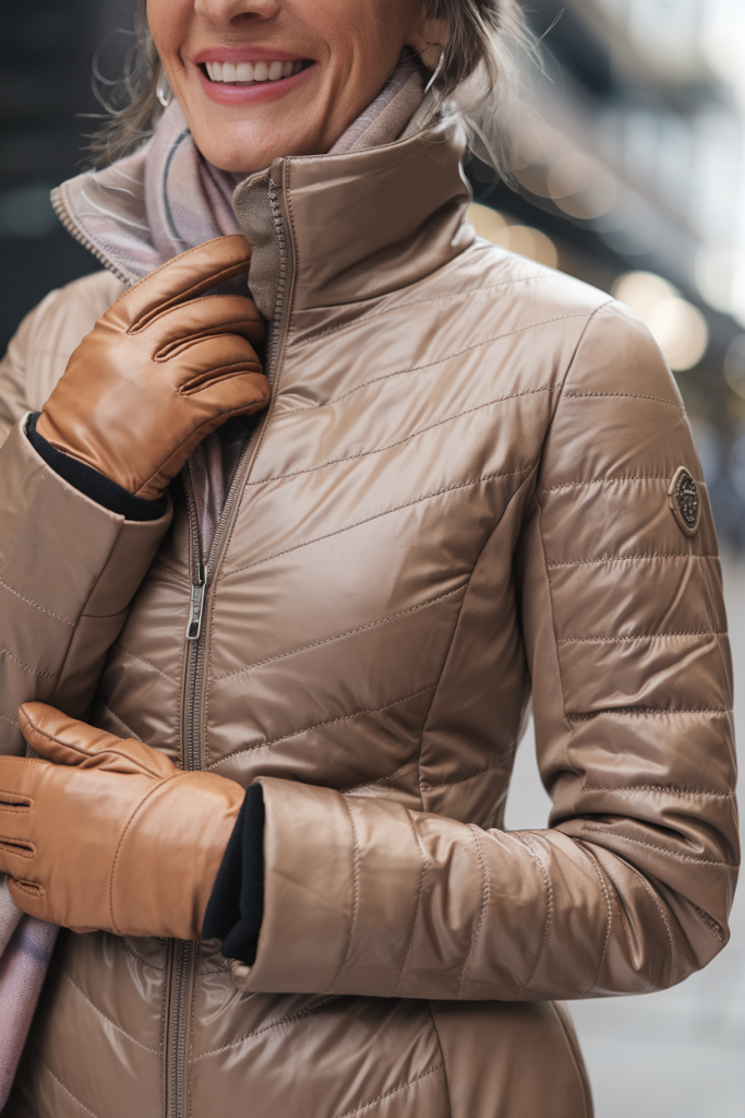 A close-up of a woman in her 40s wearing a stylish puffer jacket with a blurred cityscape in the background.