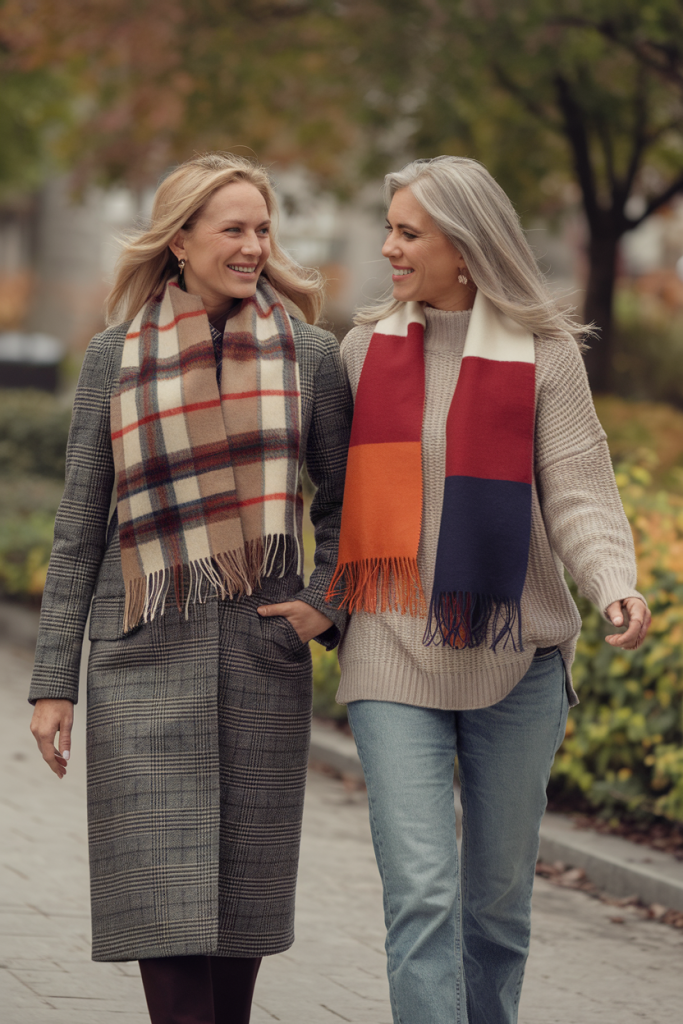 Two women walking outdoors, wearing vibrant scarves styled with chic winter outfits, showcasing seasonal fashion.