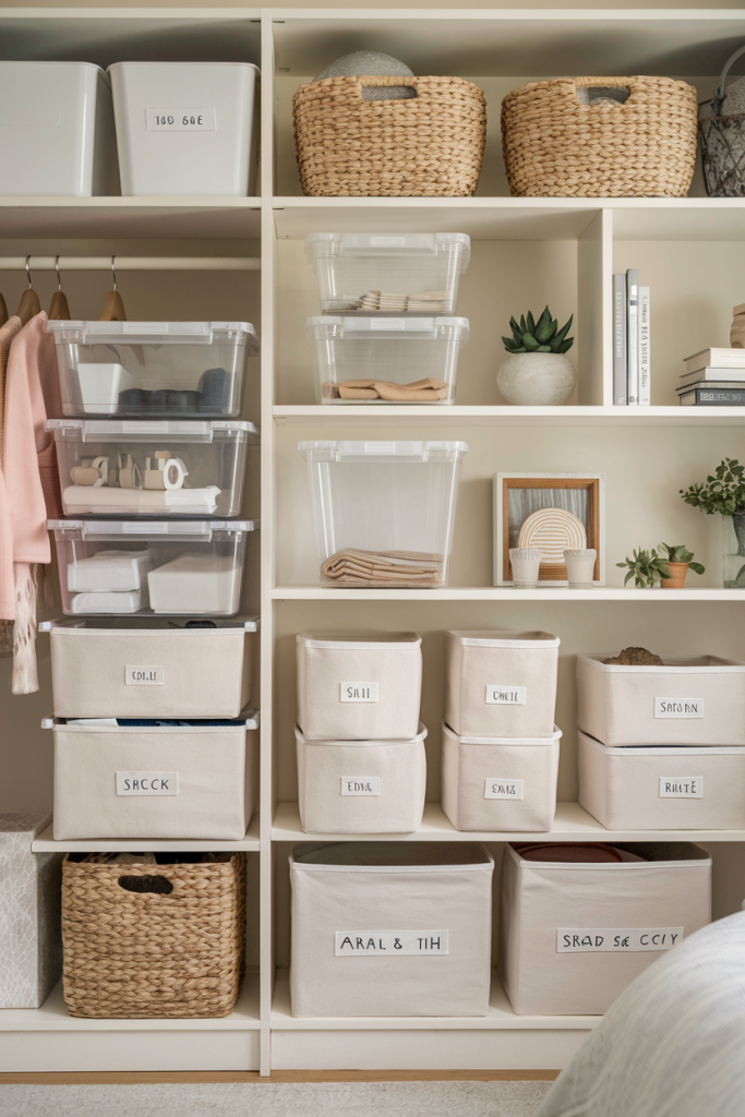 A variety of storage bins, including stackable and woven designs, displayed in a home setting to highlight their versatility for organization.