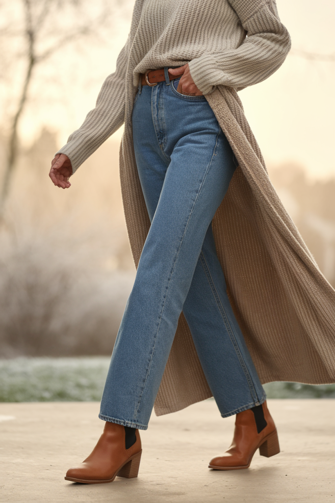 A woman in her 40s wearing high-waisted blue jeans styled with a knit sweater and ankle boots, perfect for winter fashion.