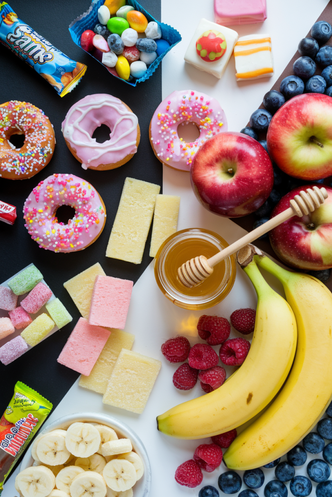 Mixed fruits and honey placed beside sugary snacks, advocating for reduced sugar intake for better health.