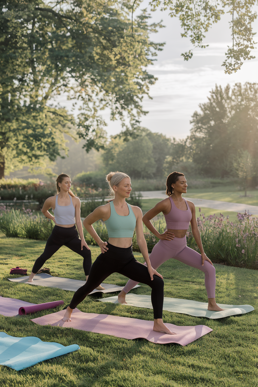 Three women in their 30s practicing yoga in a sunny park, surrounded by greenery and soft natural light.