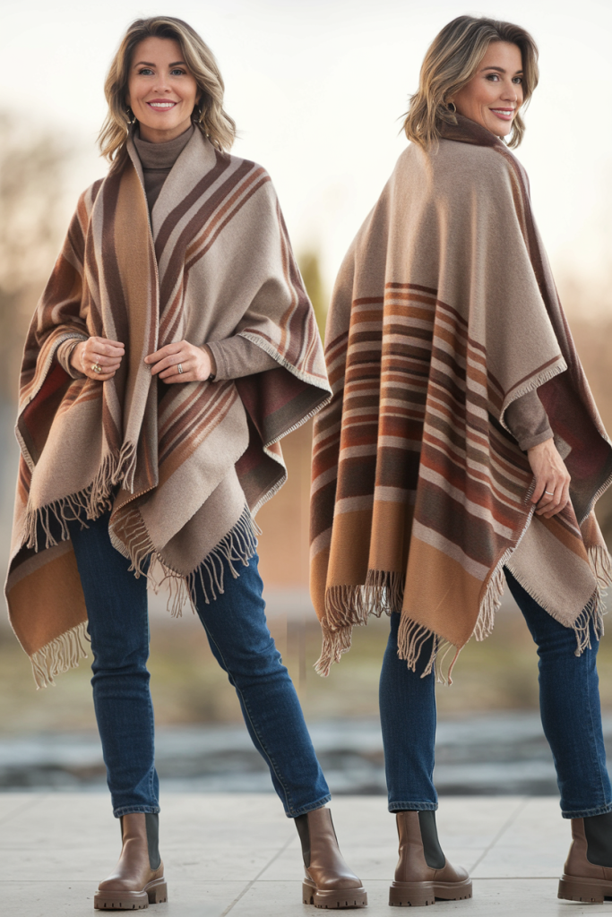 A woman in her 40s modeling a trendy poncho with front and back views, highlighting the elegant design and stylish fit.